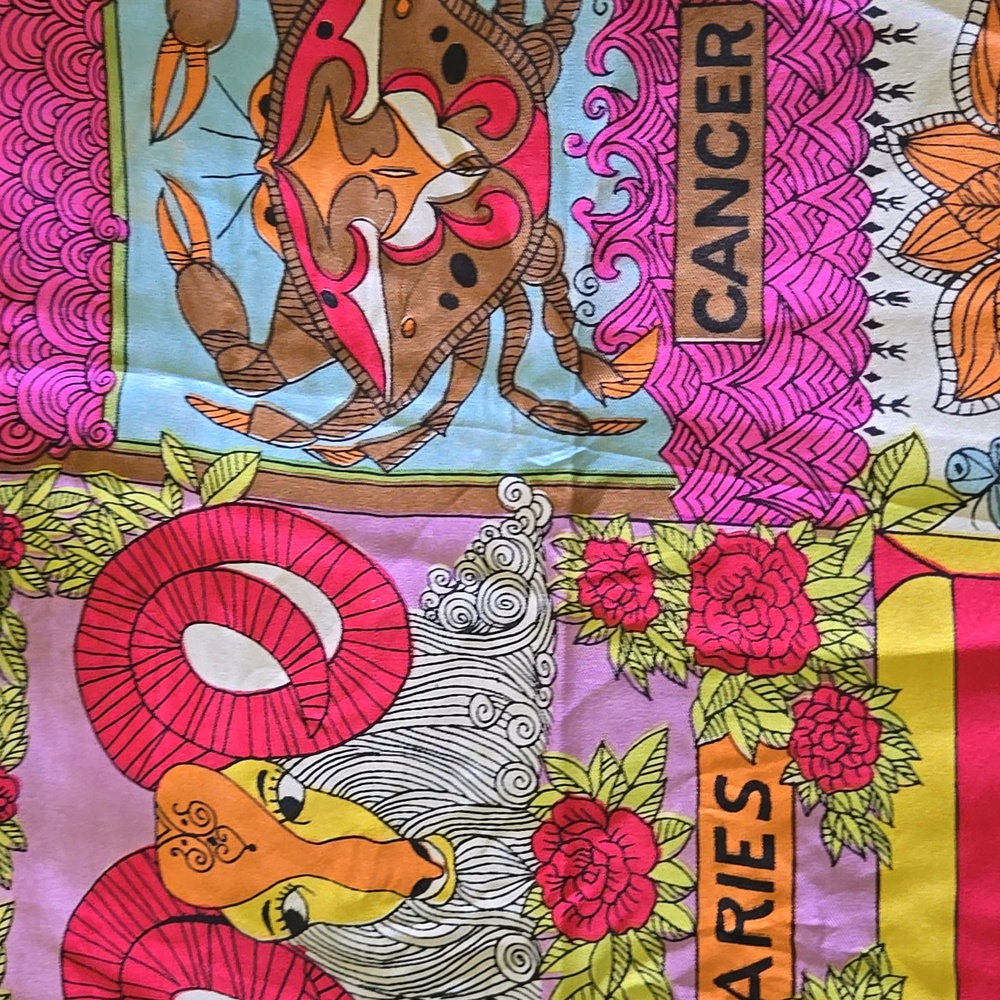 RARE VINTAGE 60s Mod Zodiac Sign Astrology Silk Scarf - Picture 5 of 8